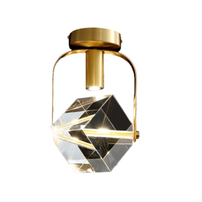 Crystal Cube Small LED Ceiling Fixture Simplicity Hallway Semi Flush Mount Light with Square/Rectangle Frame in Brass