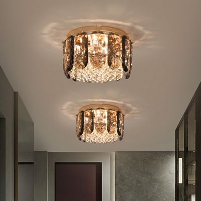 Cylinder Flush Mount Lighting Modern Style Faceted Crystal 3-Bulb Clear Close to Ceiling Lamp for Hallway