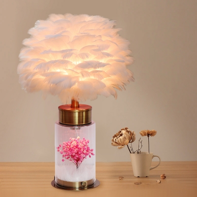 Cylindrical Base Night Light Modern Clear Glass 1-Bulb Bedside Table Lamp with Feather Shade in Grey/White/Pink