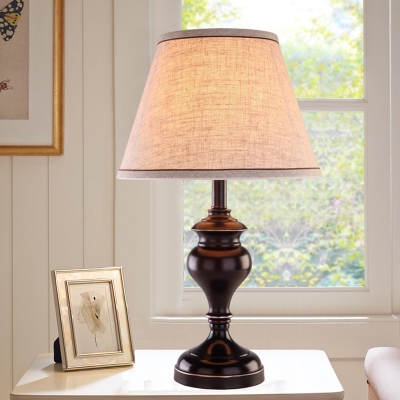 Fabric Cone Night Light Colonial LED Bedroom Small Desk Lamp in Brown with Beige Shade