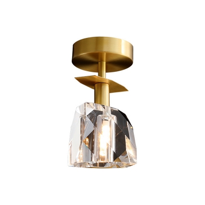 Gem-Shape Prismatic Crystal Ceiling Lamp Postmodern 1 Head Foyer Semi Mount Lighting in Brass
