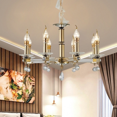 Gold Candlestick Chandelier Rustic Metal 8 Lights Bedroom Suspended Lighting Fixture with Crystal Accent