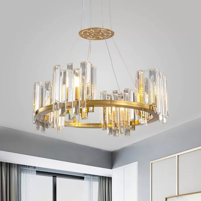 Gold Circle Ceiling Chandelier Postmodern Crystal Prism 4/6-Bulb Bedroom Suspension Lamp