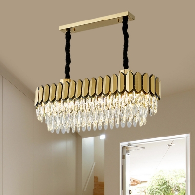 Gold LED Ceiling Suspension Lamp Modernism Crystal 2-Tier Oblong Island Light Fixture