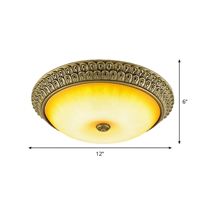 Gold LED Flush Ceiling Light Traditional Amber Glass Bowl Flushmount with Peacock Feather Edge, 12