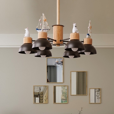Minimalism Dome Chandelier Lamp Metallic 6 Bulbs Ceiling Lighting with Bear and Ship Deco in Black/White