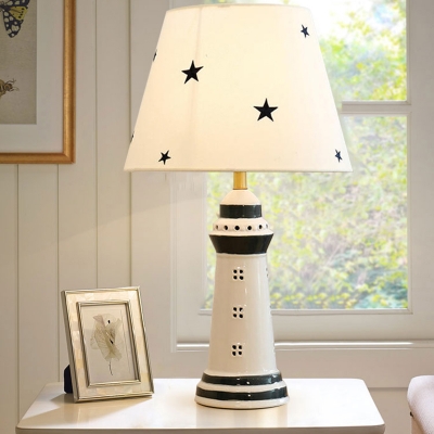 Resin Lighthouse Night Table Lamp Simplicity 1-Light Task Lighting with Barrel Fabric Shade in White