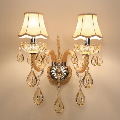 Scalloped Bell Fabric Wall Light Traditional 1/2-Light Corridor Sconce Lighting with Crystal Droplets in Champagne