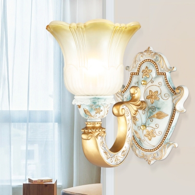 Traditional Floral Shade Wall Mount Lamp 1/2 Light White Glass Wall Sconce Lighting in Gold