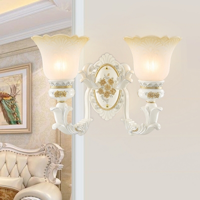 1/2-Bulb Milk Glass Wall Lighting Idea Traditional White Flower Shade Corner Wall Mounted Lamp