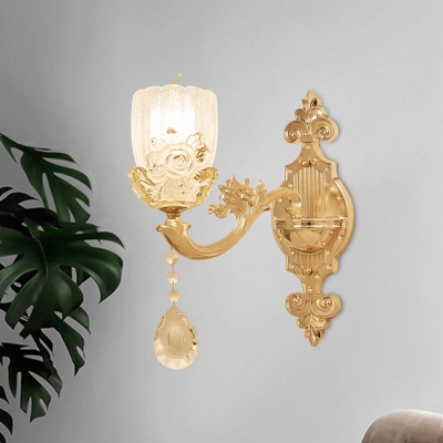 1/2-Head Cloche Shade Wall Lighting Vintage Brass Textured Glass Wall Light Sconce for Living Room