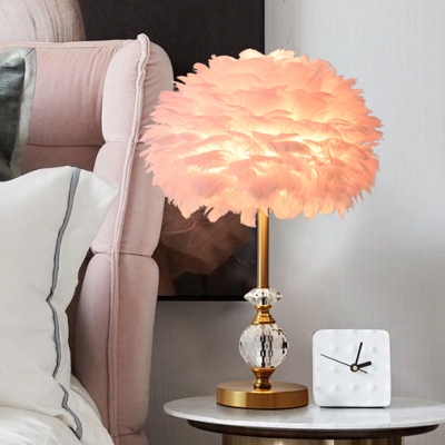 1-Bulb Children Room Task Lamp Simplicity Pink Nightstand Light with Domed Feather Shade