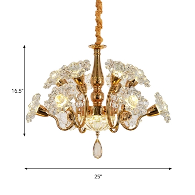 12-Head Flowers Ceiling Suspension Lamp Postmodern Gold Clear Crystal Hanging Chandelier