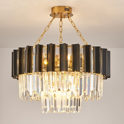 2-Tiered Drum Bedroom Hanging Lamp Modern Prismatic Crystal 9-Bulb Black Chandelier Light