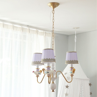 3/5/6 Lights Gold Cone Suspension Lamp Minimalist Fabric Hanging Chandelier with Teapot and Curved Arm Design