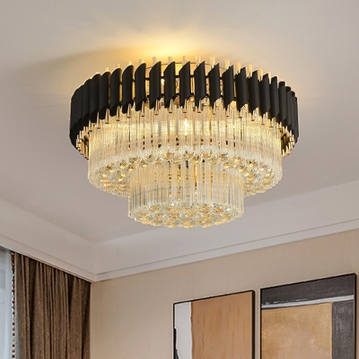3-Layer Round Flush Mount Contemporary Clear Crystal Block 4 Heads Ceiling Mounted Light in Black