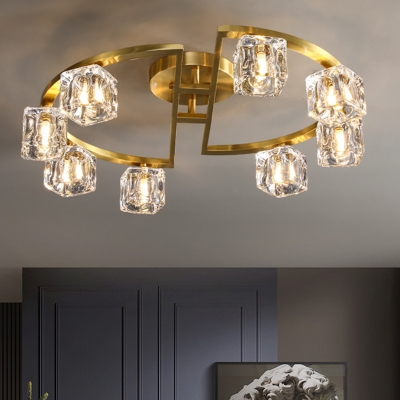 6/8-Light Clear Cube Crystal Ceiling Lamp Postmodern Brass Semi-Circle Bedroom Semi-Flush Light