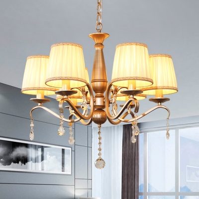 6-Bulb Chandelier with Candle Crystal Traditional Parlor Ceiling Suspension Lamp in Gold with Pleated Shade