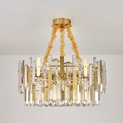 9-Head Drum Hanging Light Fixture Postmodern Gold Clear Prismatic Crystal Chandelier for Bedroom