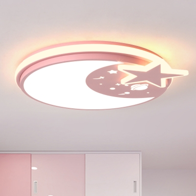 Acrylic Moon and Star Flush Mount Macaron Style LED Ceiling Light Fixture in White/Pink/Blue for Bedroom