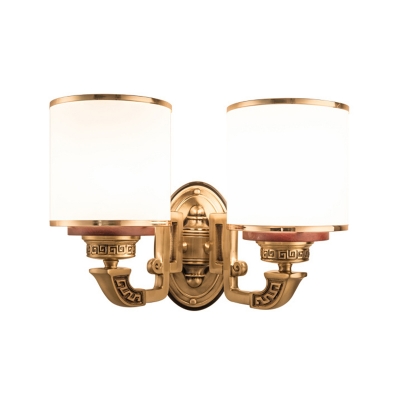 Asia Style Cylindrical Wall Lighting Idea 2 Lights Cream Frosted Glass Wall Mount Lamp in Brass