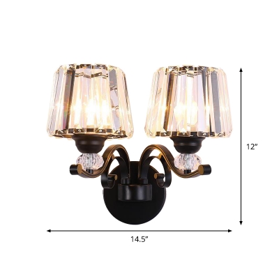 Black 1/2-Bulb Sconce Light Classic Clear Crystal Conical Shade Wall Mounted Lighting with Curvy Arm