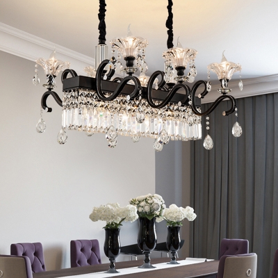 Black Floral Island Pendant Light Modern 9 Heads Hand-Cut Crystal Suspension Lighting with Curved Arm