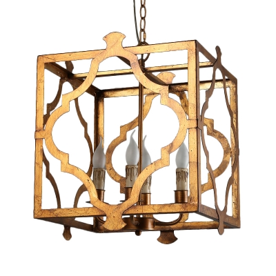 Brown Quatrefoil Cage Pendant Chandelier Country Style Metal 4 Bulbs Kitchen Drop Lamp