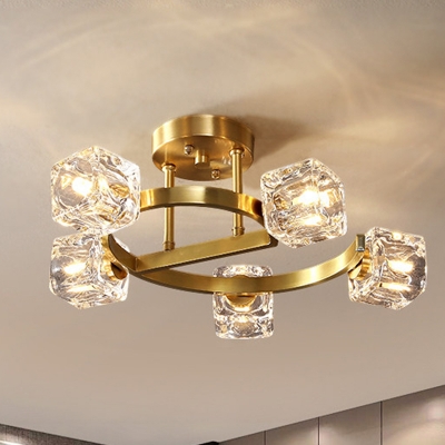 Clear Crystal Cubes Semi Flush Mount Postmodern Style 5/7-Head Bedroom Close to Ceiling Lamp in Brass
