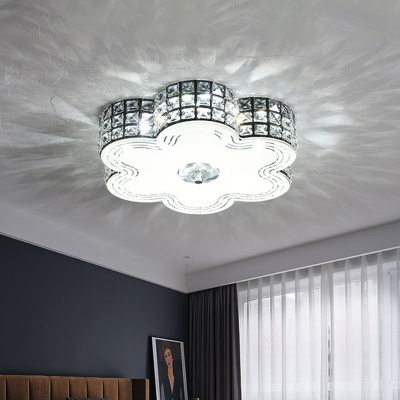 Contemporary Floral LED Flush Light Crystal Block Ceiling Mounted Fixture in White, 15.5
