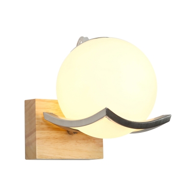 Cream Glass Sphere Wall Sconce Minimalism 1 Light Wall Mount Lighting with Oblong Wood Backplate in White