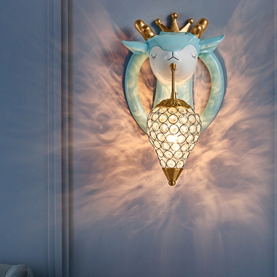 Drop-Shape Wall Mounted Light Nordic Beveled Crystal 1-Head Bedroom Wall Lamp with Elk Design in Pink/Blue