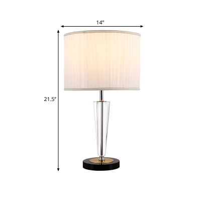 Drum Bedroom Night Lamp Country Pleated Fabric 1-Bulb White Nightstand Light with Crystal Base