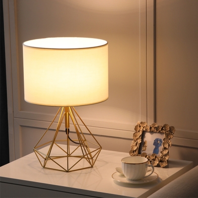 Drum Night Table Lamp Minimalism Fabric 1 Light Study Room Task Lighting with Diamond Frame Base in Black/Gold