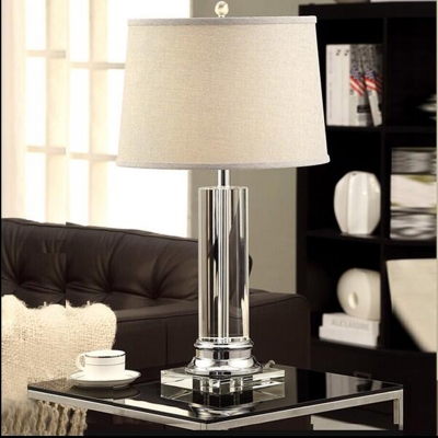 Fabric Beige Night Stand Lamp Drum Shaped 1 Head Traditional Table Lighting with Cylinder Base