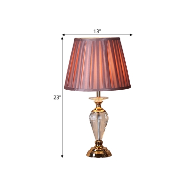 Fabric Conic Night Light Country Style 1 Head Study Room Table Lamp in Pink with Crystal Urn Base