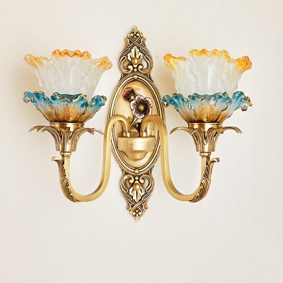 Flower Hand Blown Glass Wall Lamp Traditional 1/2-Light Parlour Wall Mounted Light Fixture in Brass