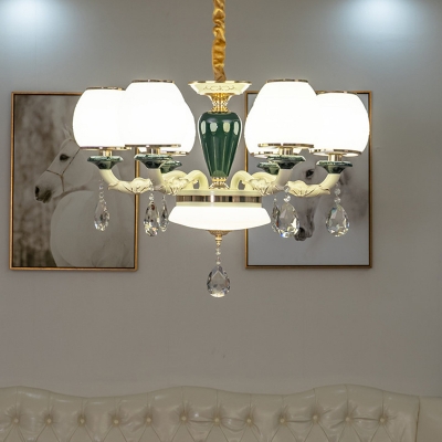 Globe Chandelier Lighting Modern Frosted Glass Shade 6 Lights White Suspension Lamp with Crystal Drops