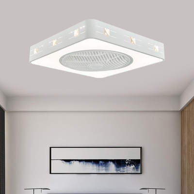 LED Box Flush Mount Ceiling Fan Modern White Iron Semi Flush Light with Inserted Crystal, 21.5