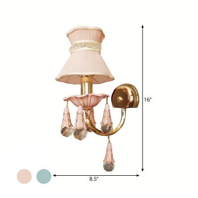 Minimalist Done Wall Light Fixture Fabric 1 Bulb Parlor Wall Mounted Lamp with Crystal Drop in Pink/Blue