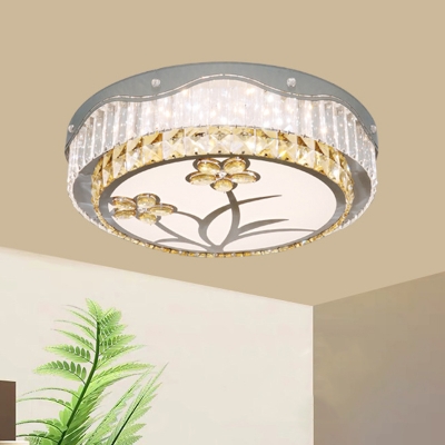 Modern Drum Ceiling Flush Beveled Crystal LED Flush Mount Light with Embossed Flower Pattern