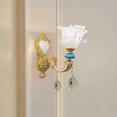 Modern Flower Wall Mounted Light Clear Crystal 1/2-Head Wall Sconce in Gold with Droplet for Corridor