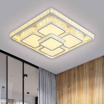 Modernity Square Flush Mount Ceiling Light White Acrylic LED Bedroom Lighting Fixture in Warm/White Light with Crystal Block Accent