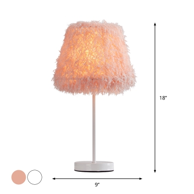 Nordic Style 1 Bulb Nightstand Lamp White/Gold Conical Task Lighting with White/Pink Feather Shade