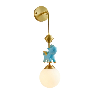 Opaline Glass Ball Wall Lighting Ideas Cartoon 1-Bulb Pink/Blue Wall Mount Lamp with Unicorn Deco