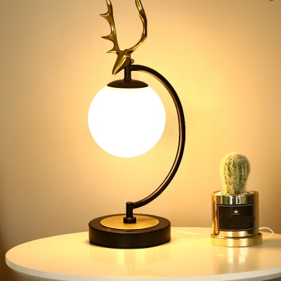 Opaline Glass Globe Table Lamp Nordic 1-Bulb Night Light with Antler Design in Black/Gold