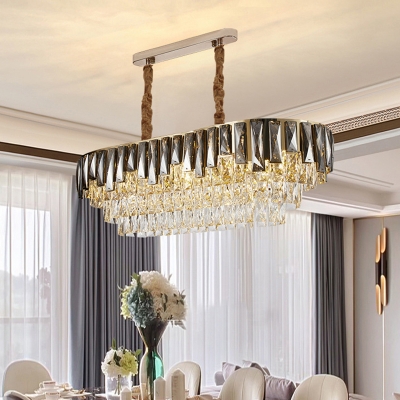 Oval-Shape Restaurant Island Light Smoke Gray Crystal Block 10-Bulb Contemporary Hanging Pendant in Gold