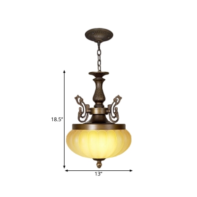 Pumpkin Restaurant Ceiling Pendant Vintage Ribbed Frosted Glass 3-Head Brown Hanging Light