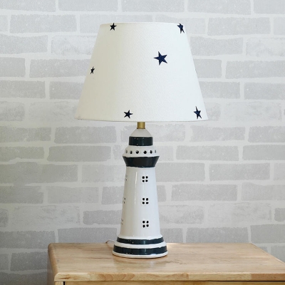 Resin Lighthouse Night Table Lamp Simplicity 1-Light Task Lighting with Barrel Fabric Shade in White