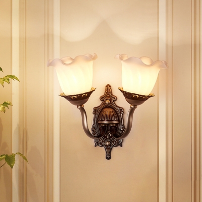 Ruffle-Trim Shade Foyer Wall Light Antiqued Opal Glass 1/2-Head Brown Sconce Lighting